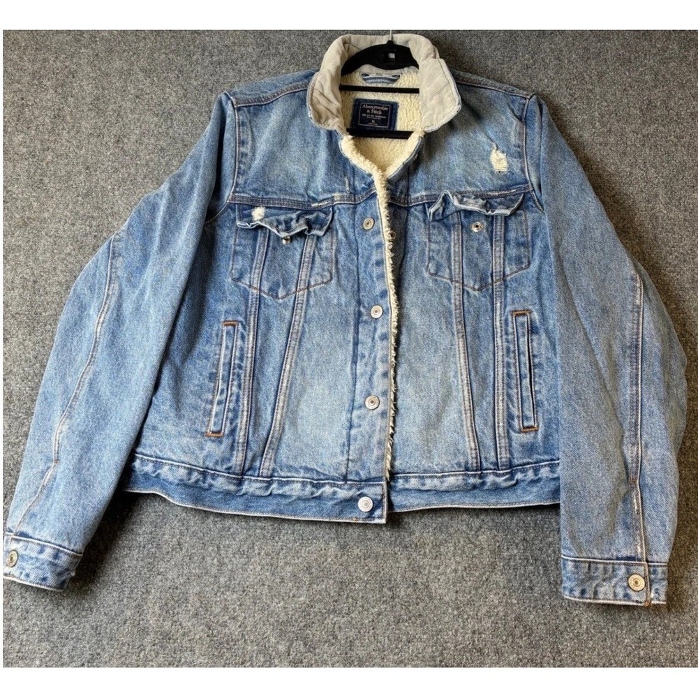 Abercrombie & Fitch Denim Trucker Jacket Sherpa Lined Distressed Boho Casual XL